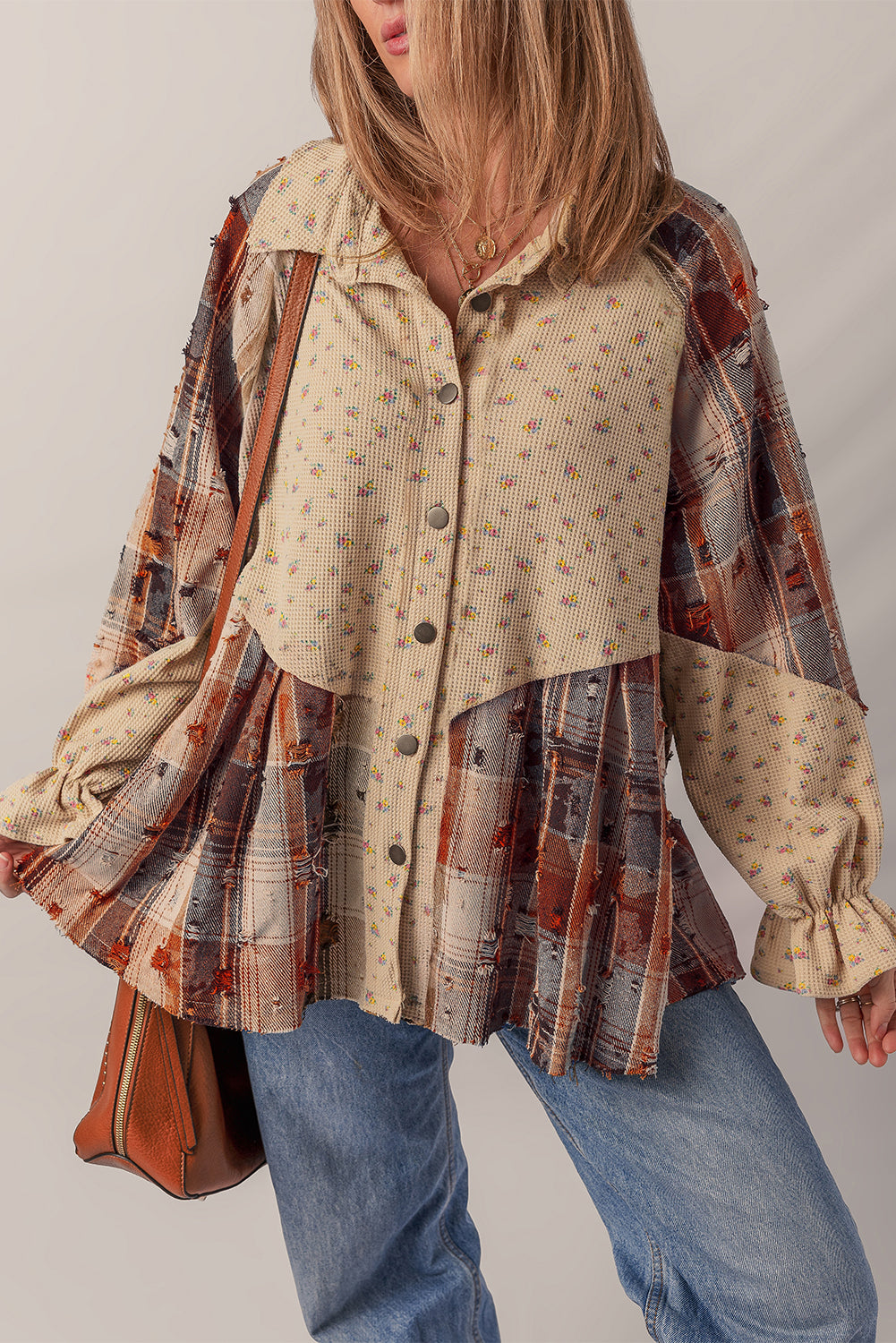 Mist Green Boho Floral Plaid Patchwork Distressed Detail Ruffled Sleeve Waffle Knit Shacket