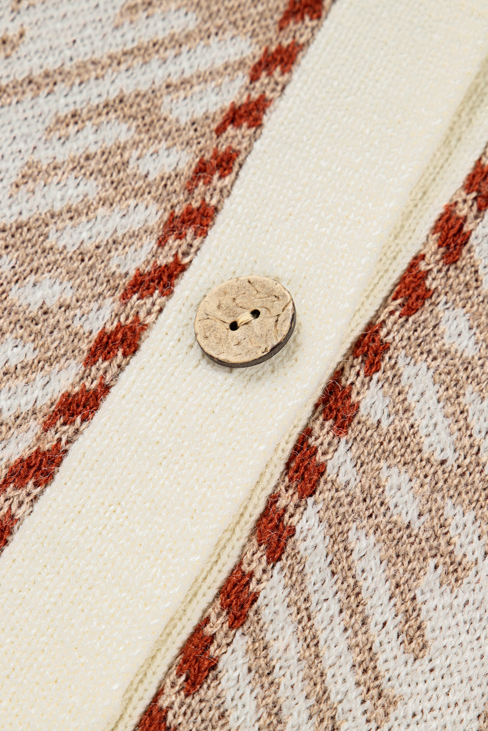 Khaki Vintage Pattern Ribbed Trim Button Front Plus Size Cardigan Sweater