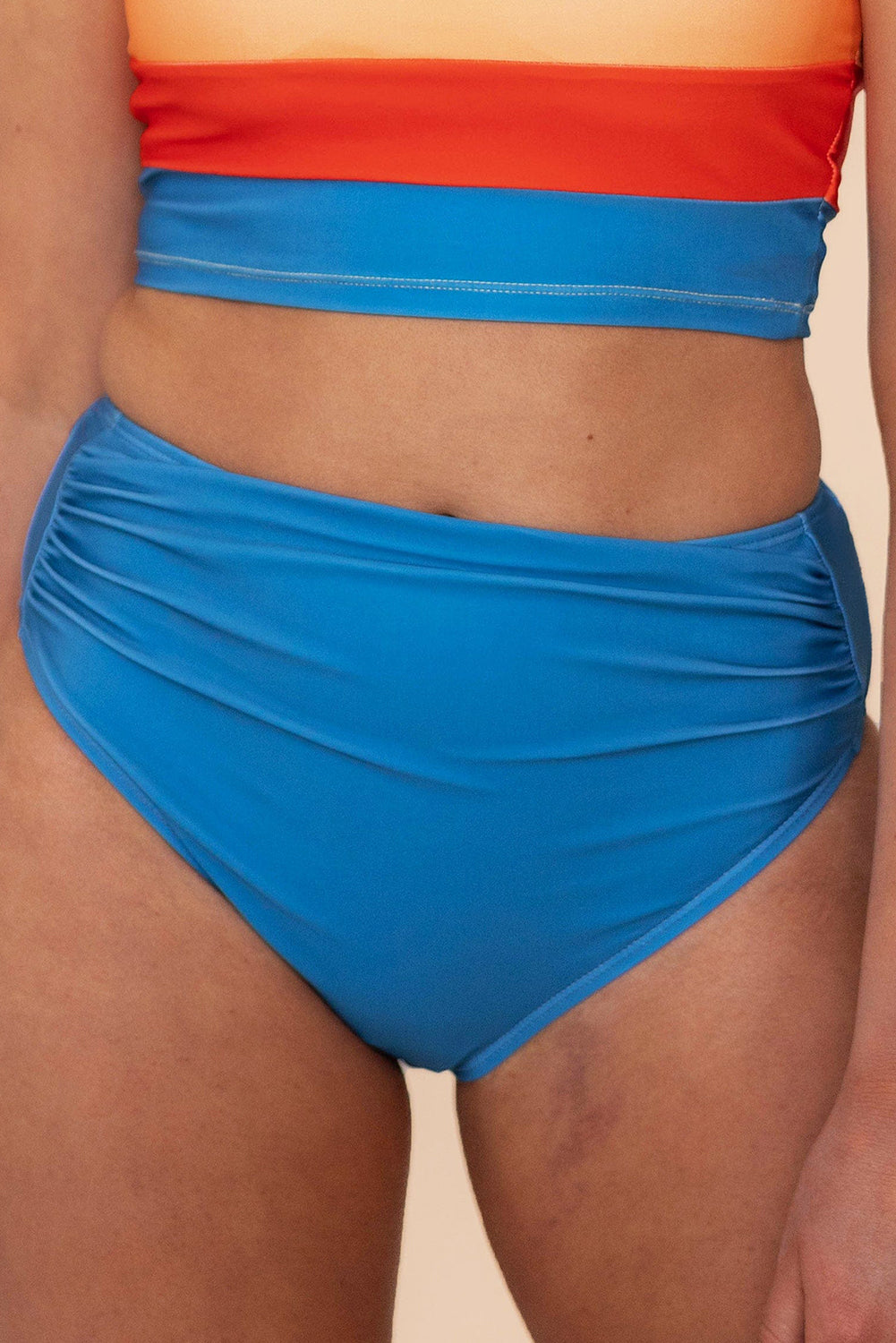 Blue Colorblock Square Neck Top Pleated High Waisted Bikini