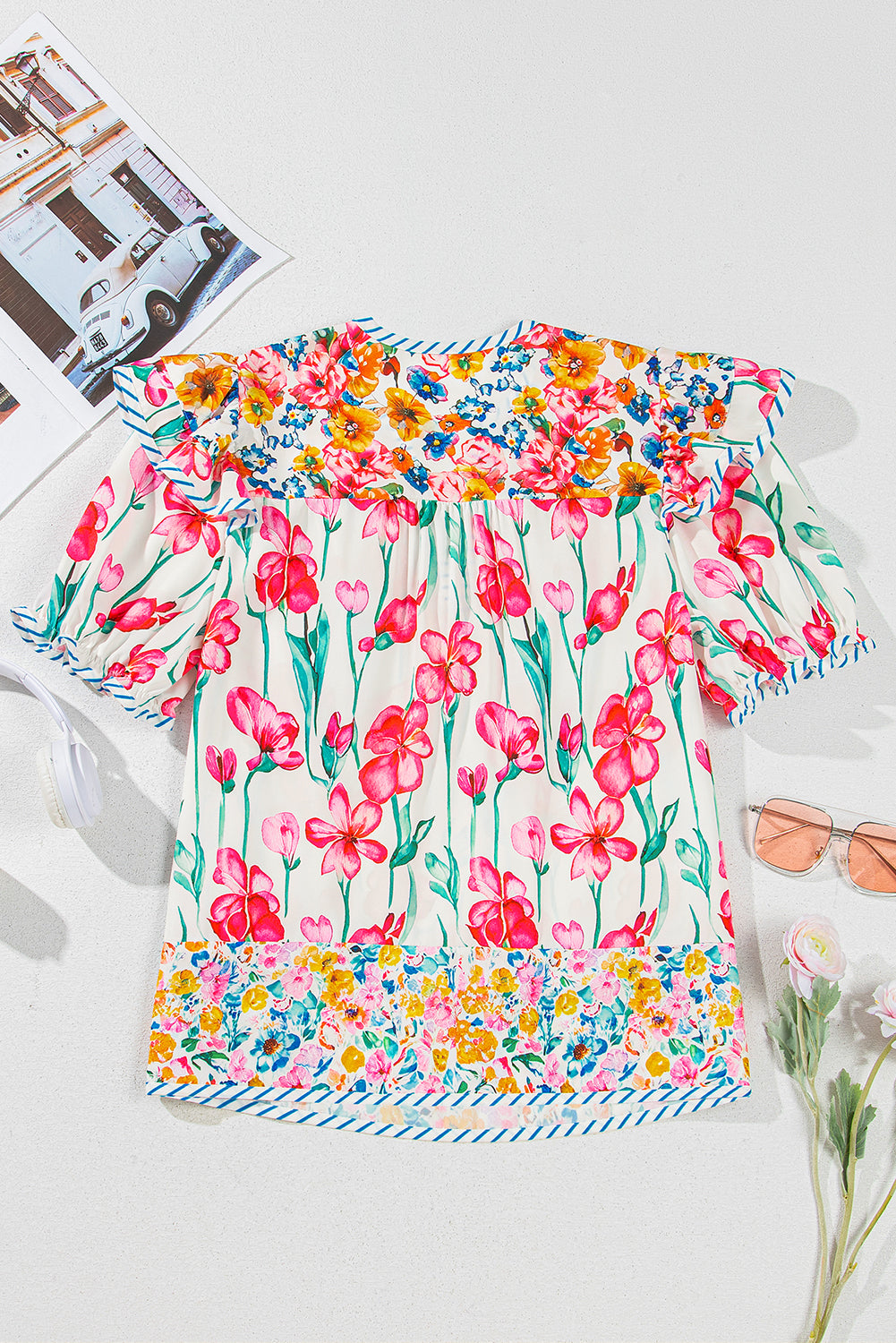 Pink Plus Size Floral Print Striped Trim V Neck Blouse