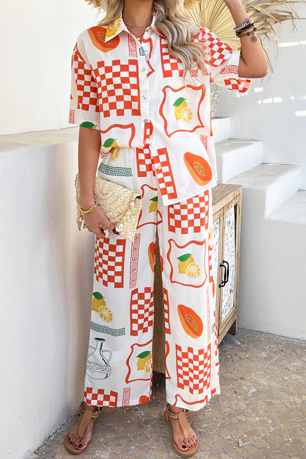 Orange Lemon Pawpaw Print Half Sleeve Shirt and Pants Set