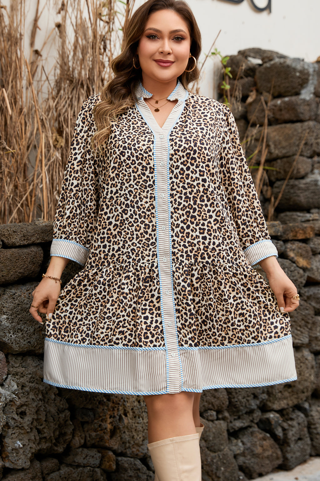 Brown Leopard Print Striped Patchwork 3/4 Sleeve Loose Mini Dress