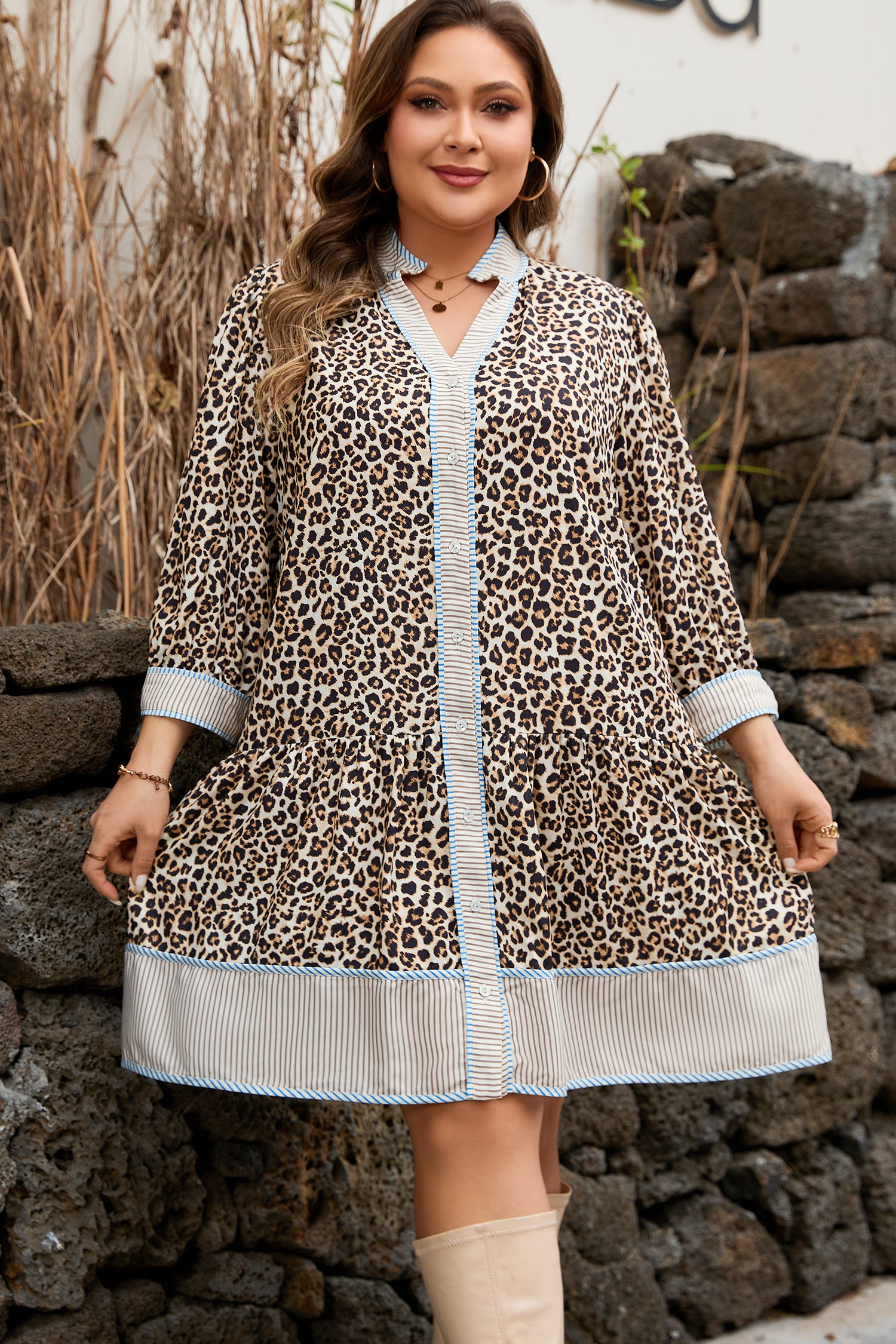 Brown Leopard Print Striped Patchwork 3/4 Sleeve Loose Mini Dress