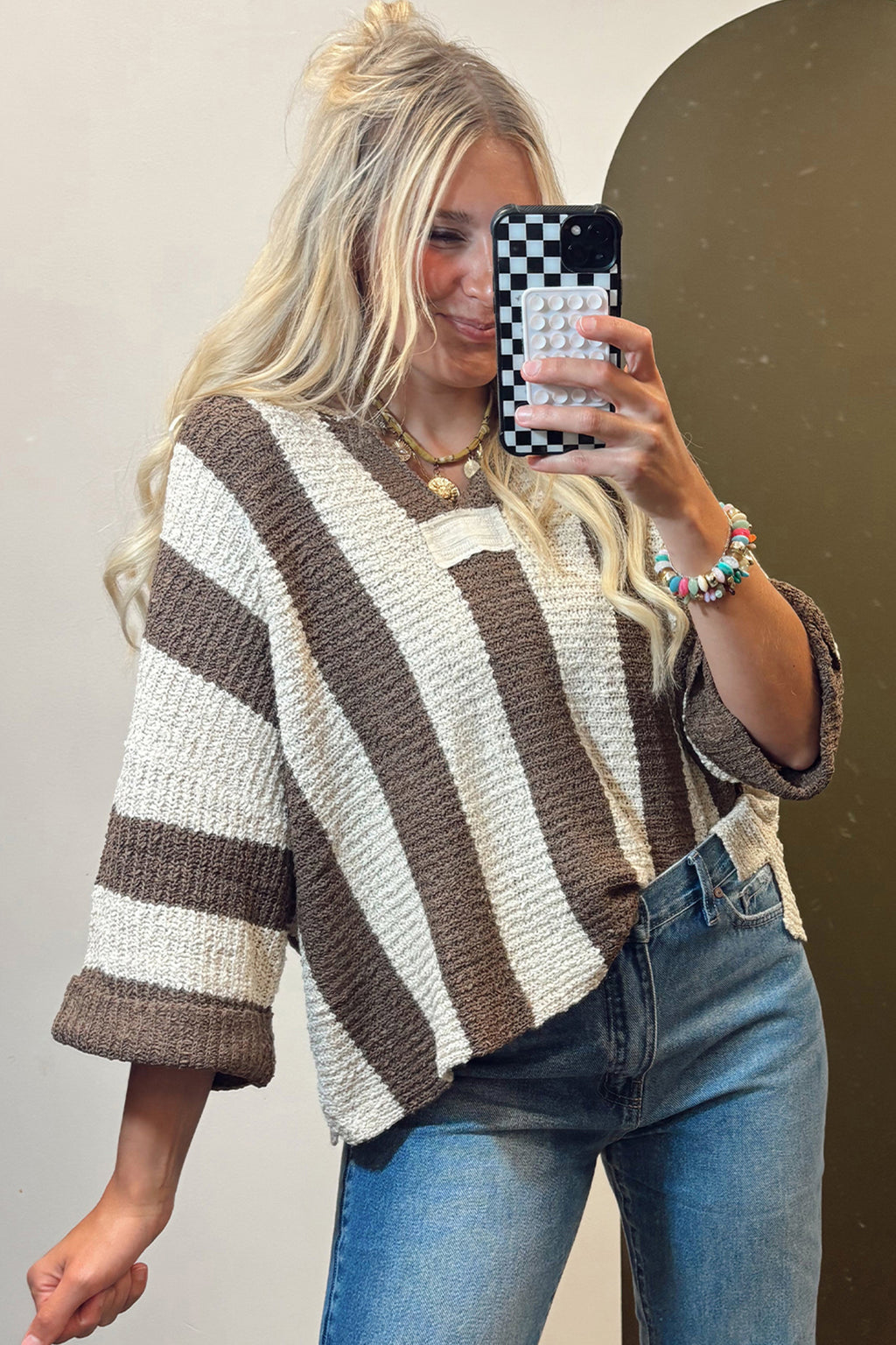 Red Stripe Colorblock V Neck Bracelet Sleeve Sweater
