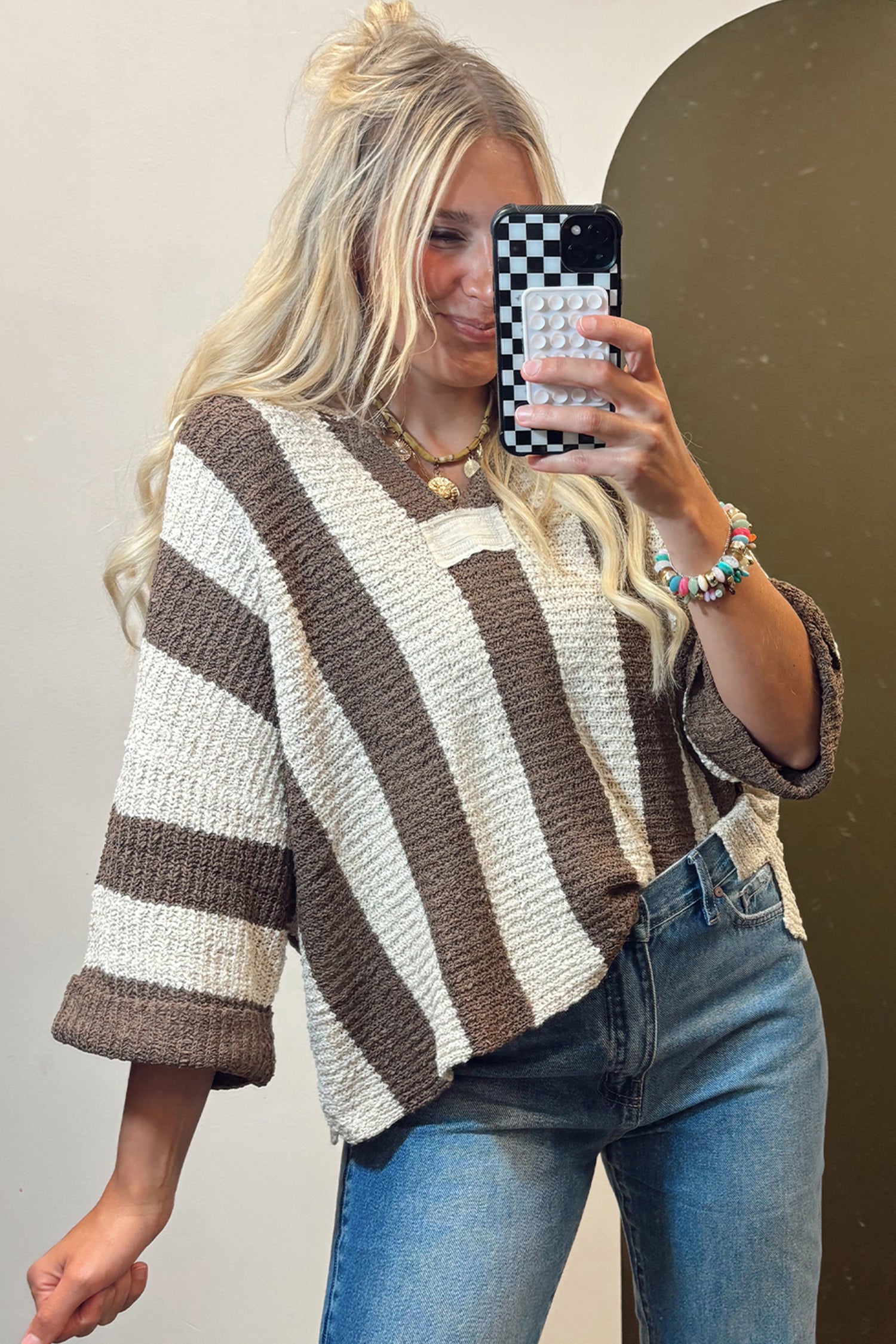 Red Stripe Colorblock V Neck Bracelet Sleeve Sweater