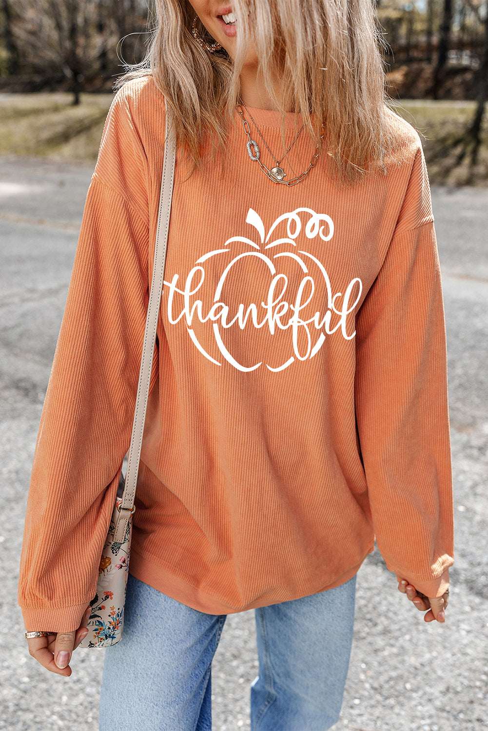 Orange Thankful Ribbed Crew Neck Thanksgiving Sweatshirt