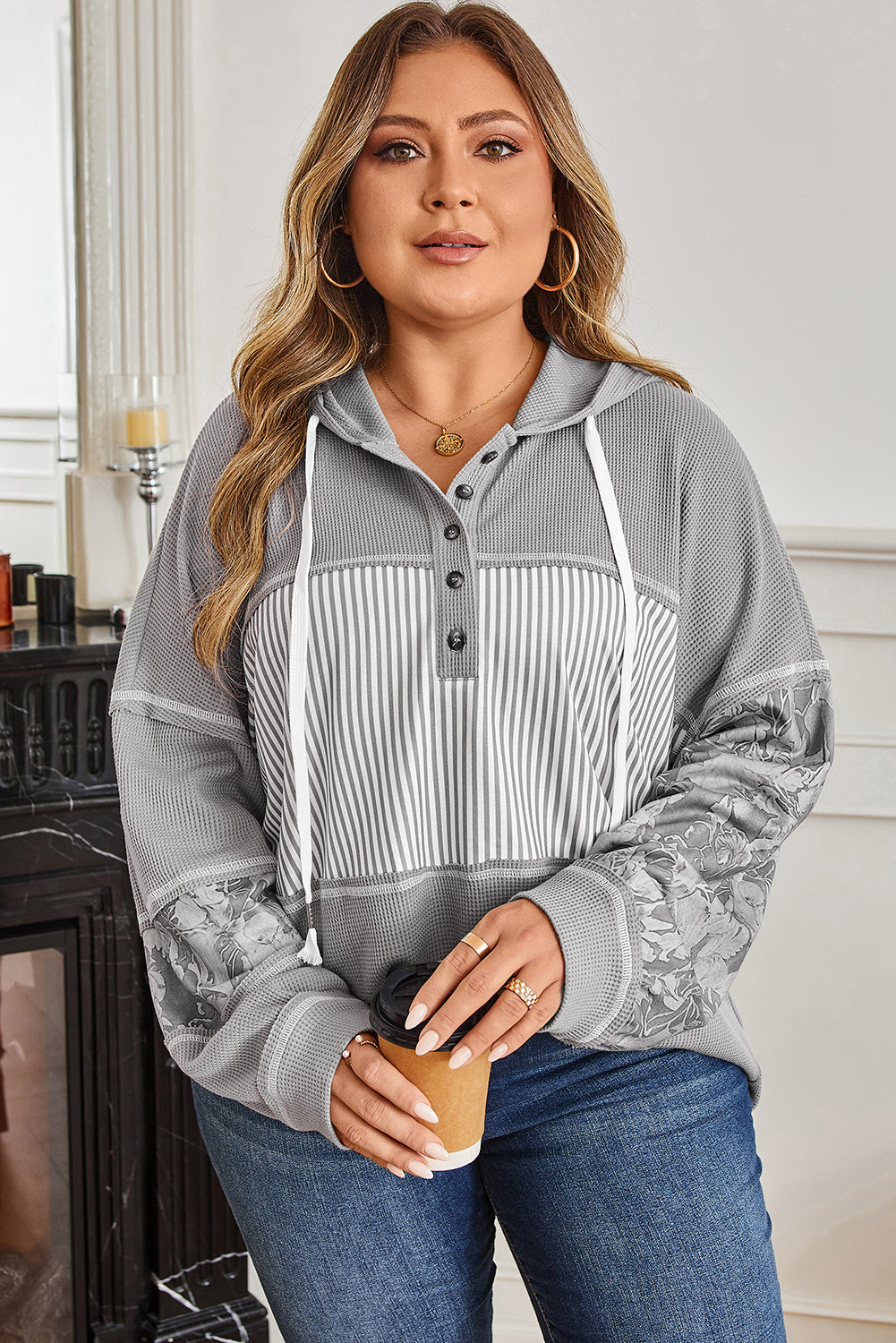 Gray Waffle Printed Patchwork Drawstring Hooded Long Sleeve Top