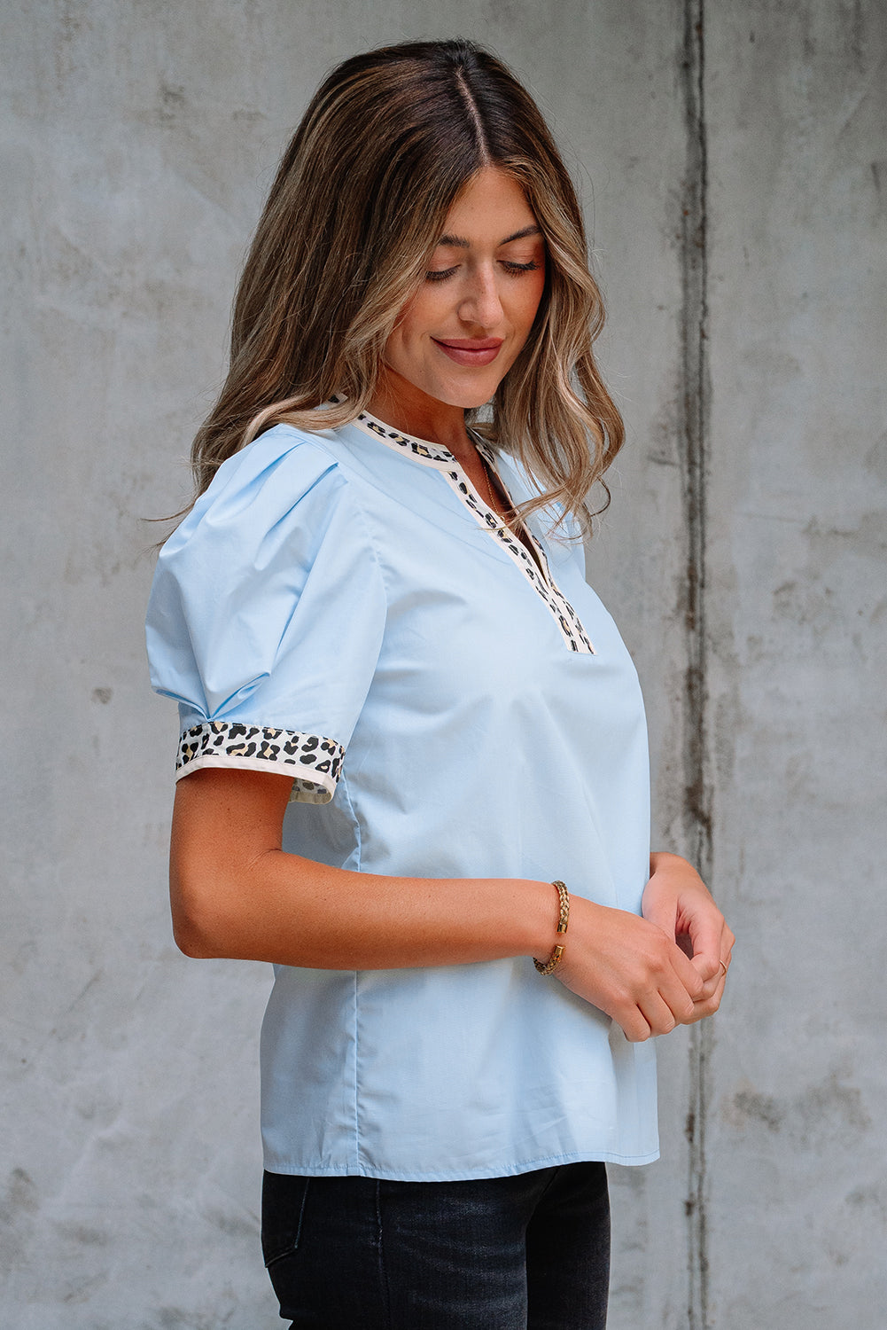Buckskin Contrast Leopard Trim Split Neck Puff Sleeve Blouse