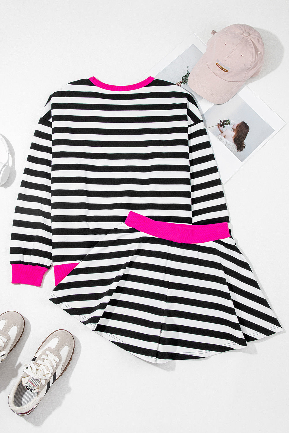 Black Stripe Color Block Edge Pullover and Shorts PLus Size Set