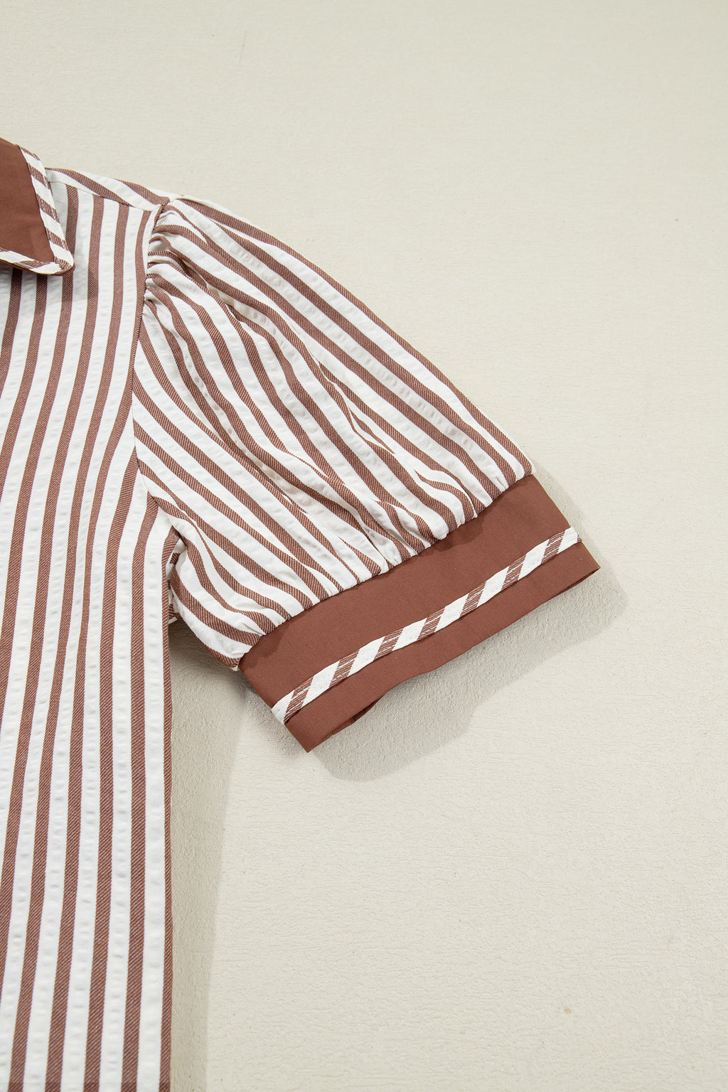 Black Stripe Collared Split Neck Short Bubble Sleeve Blouse