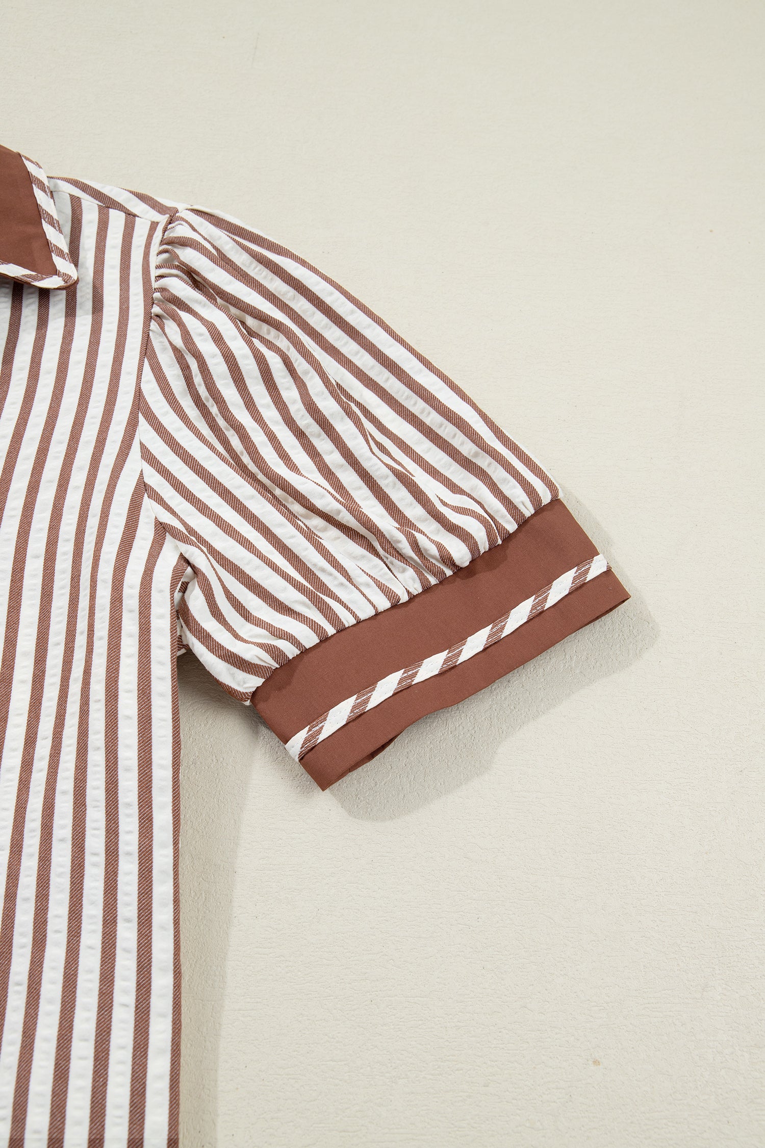 Black Stripe Collared Split Neck Short Bubble Sleeve Blouse