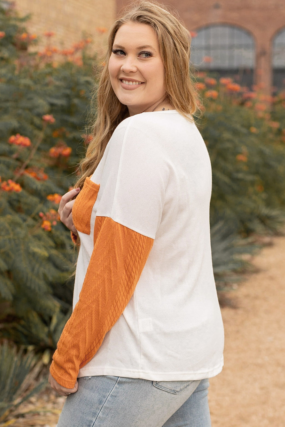 Orange Long Sleeve Colorblock Chest Pocket Textured Knit Top