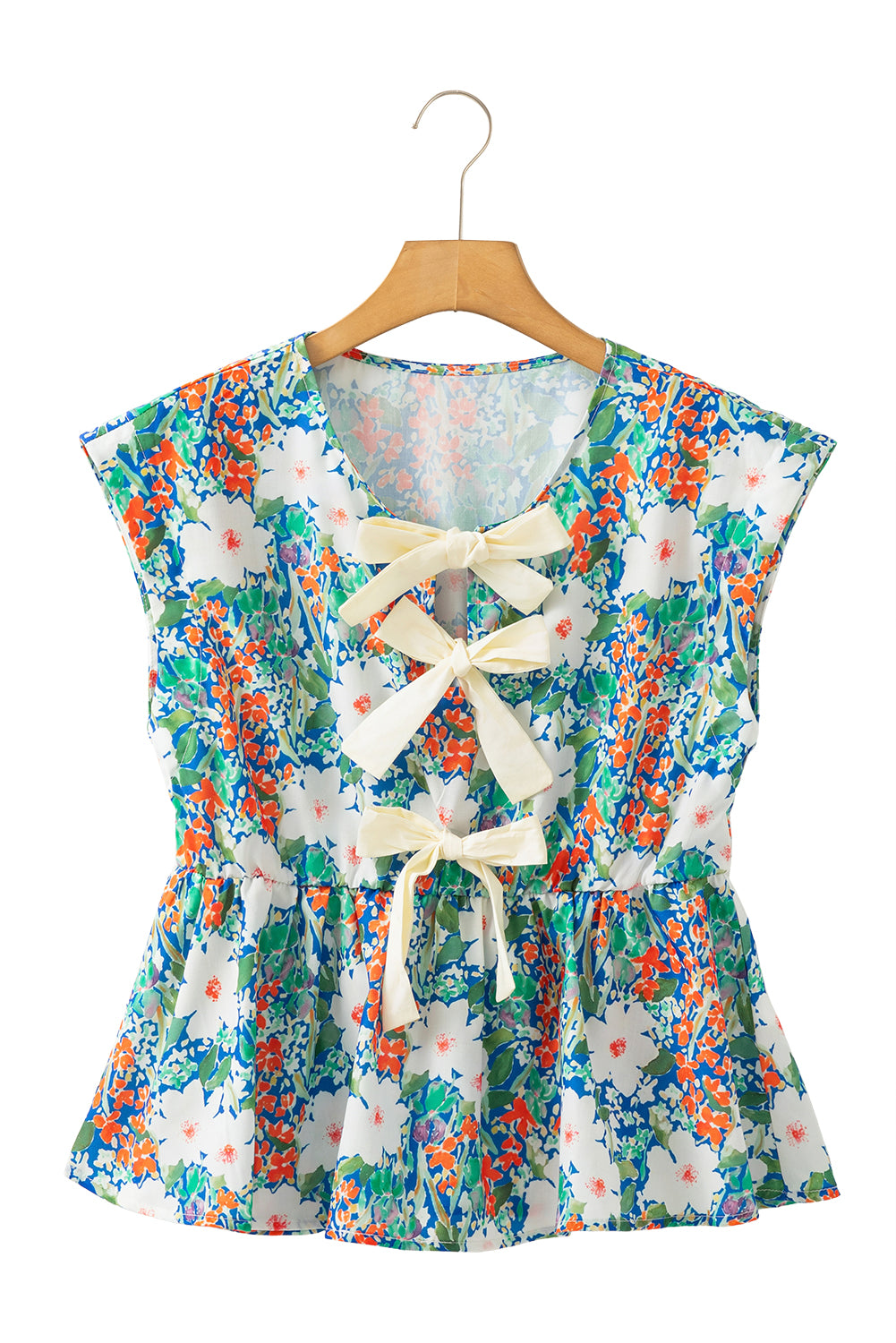 Rose Green Floral Print Bow Applique Slit Sleeveless Peplum Blouse
