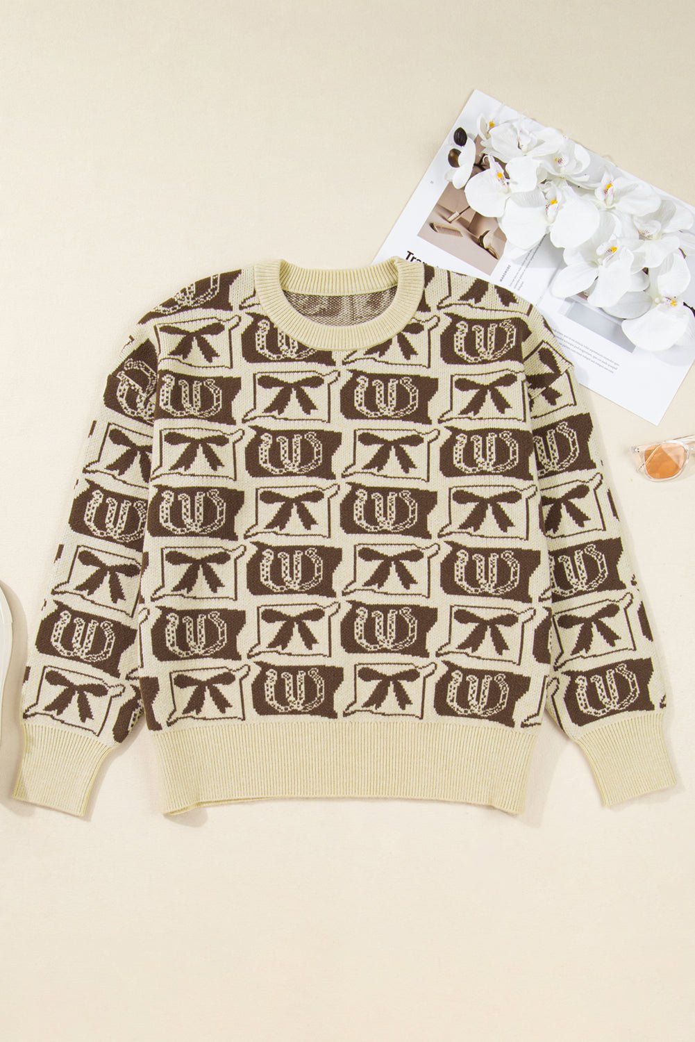 Brown Bows & Horseshoes Pattern Western Fashion Print Sweater