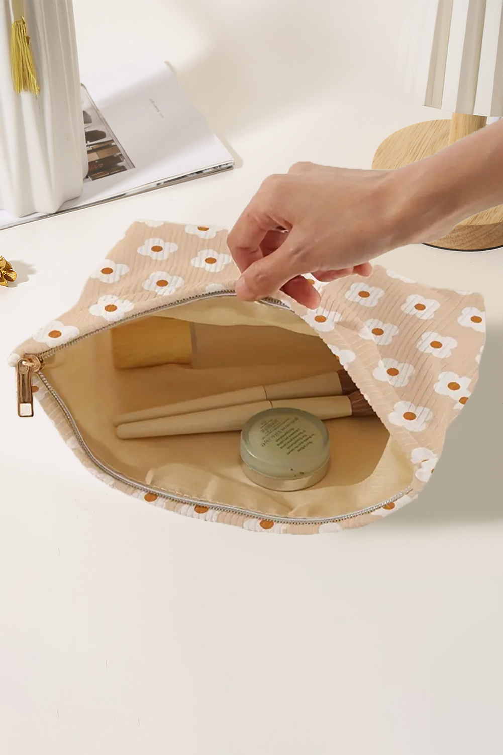 Parchment Flowers Print Textured Corduroy Large Makeup Bag