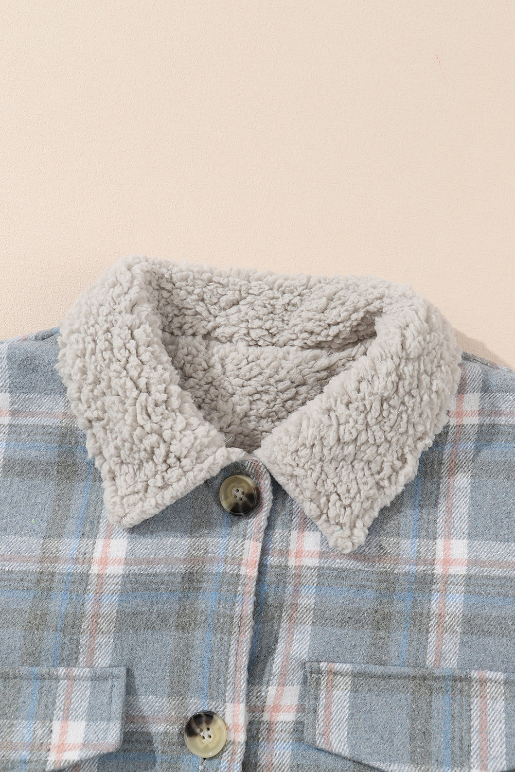 Sky Blue Stripe Sherpa Collar Cuffs Patchwork Plaid Shirt Jacket with Chest Pocket