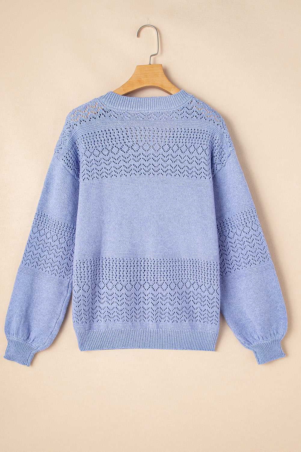 Sky Blue Eyelet Pattern Detail V Neck Drop Shoulder Sweater