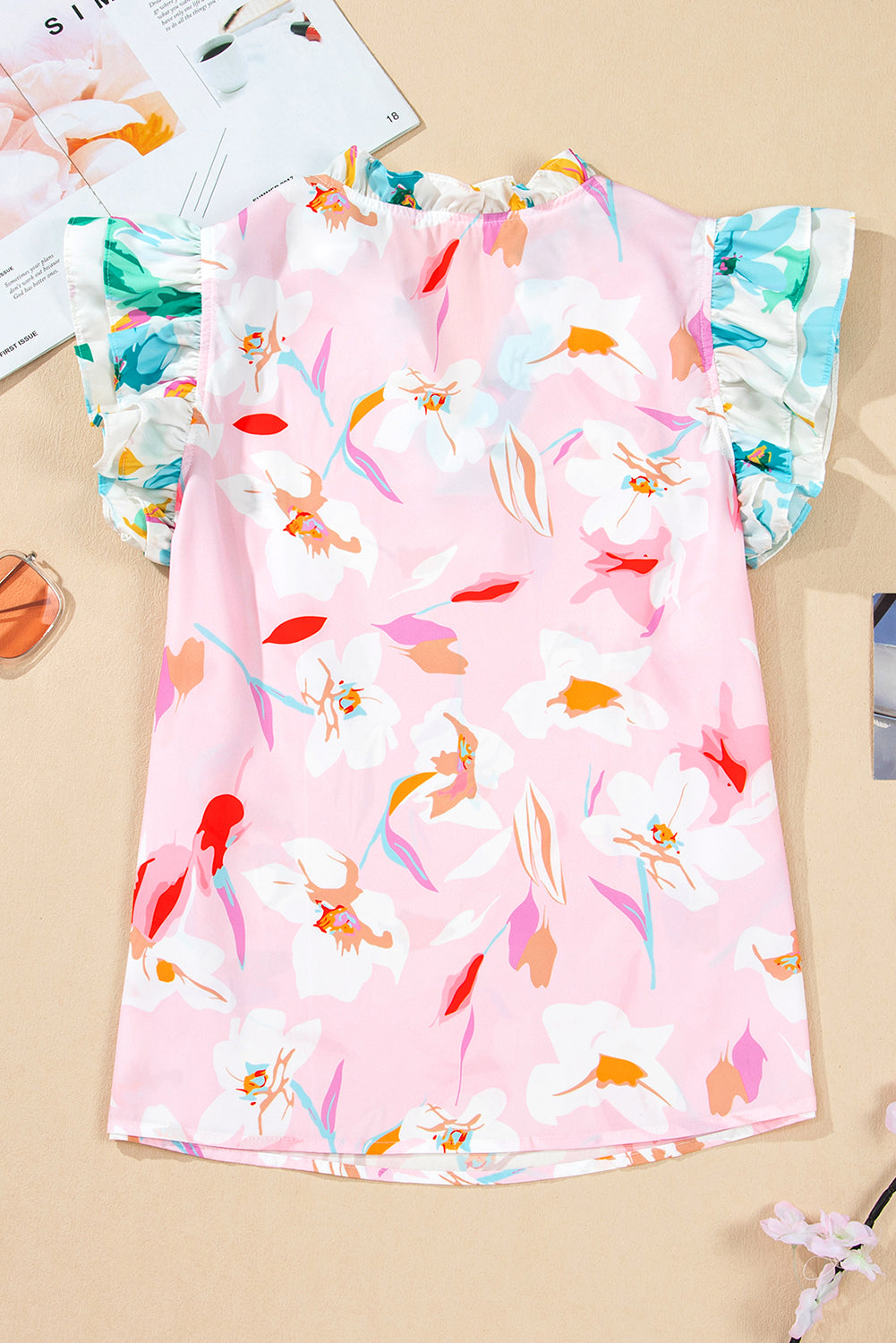 Pink Floral Print Knotted Shoulder Smocked Maxi Dress