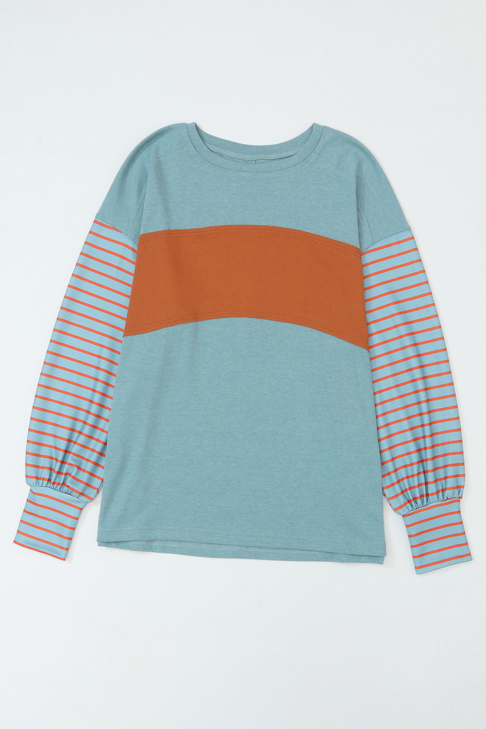 Light French Beige Colorblock Striped Bishop Sleeve Top