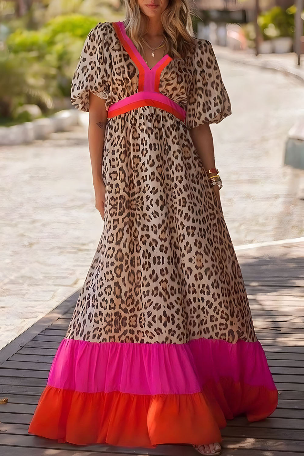 Khaki Cheetah Color Block V Neck Balloon Sleeve Babydoll Blouse