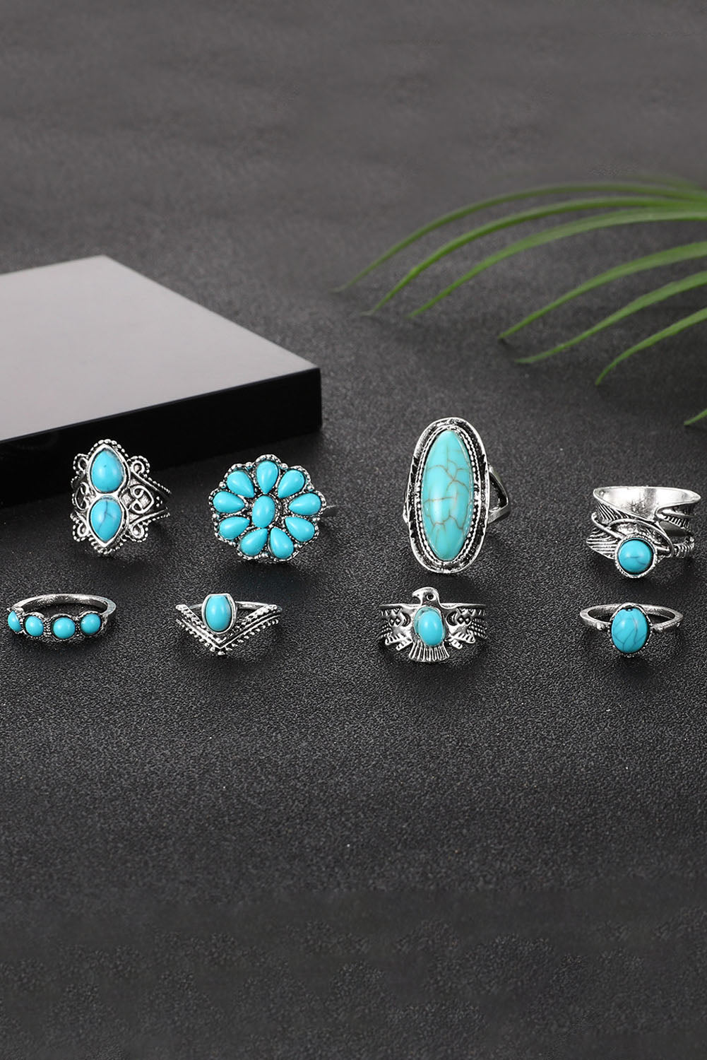 Green Vintage Western Turquoise 8-piece Ring Set