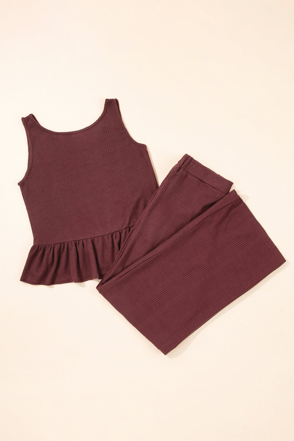 Beau Blue Solid Color Ribbed Ruffle Tank Top and Pants Set