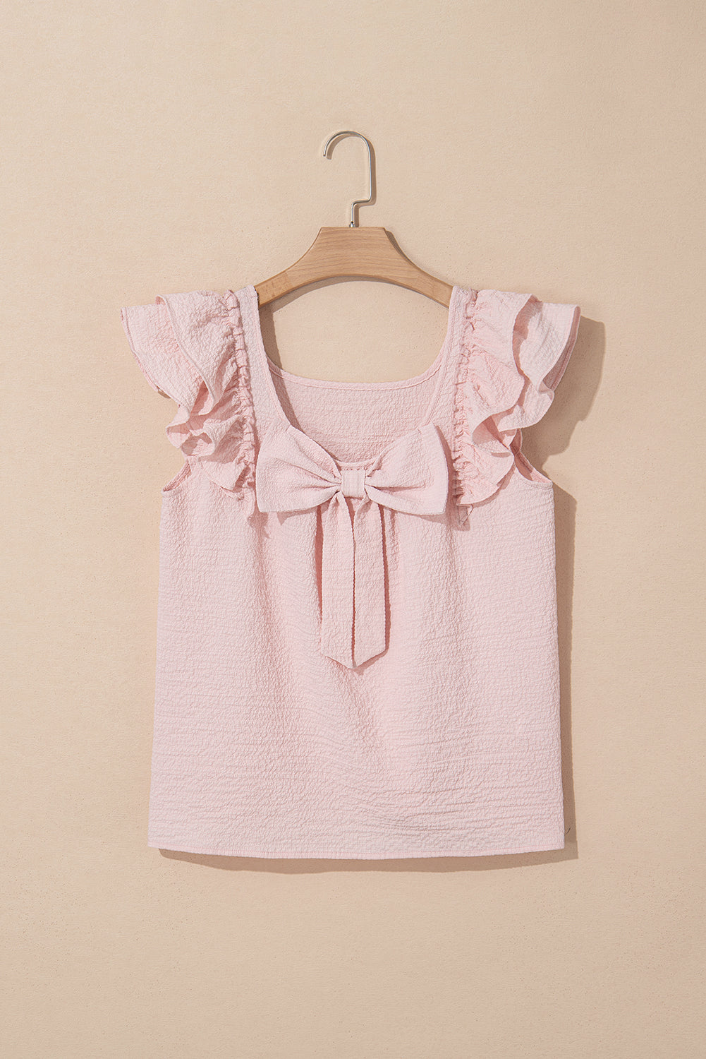 Beau Blue Textured Bow Knot Frilled Butterfly Sleeve Blouse