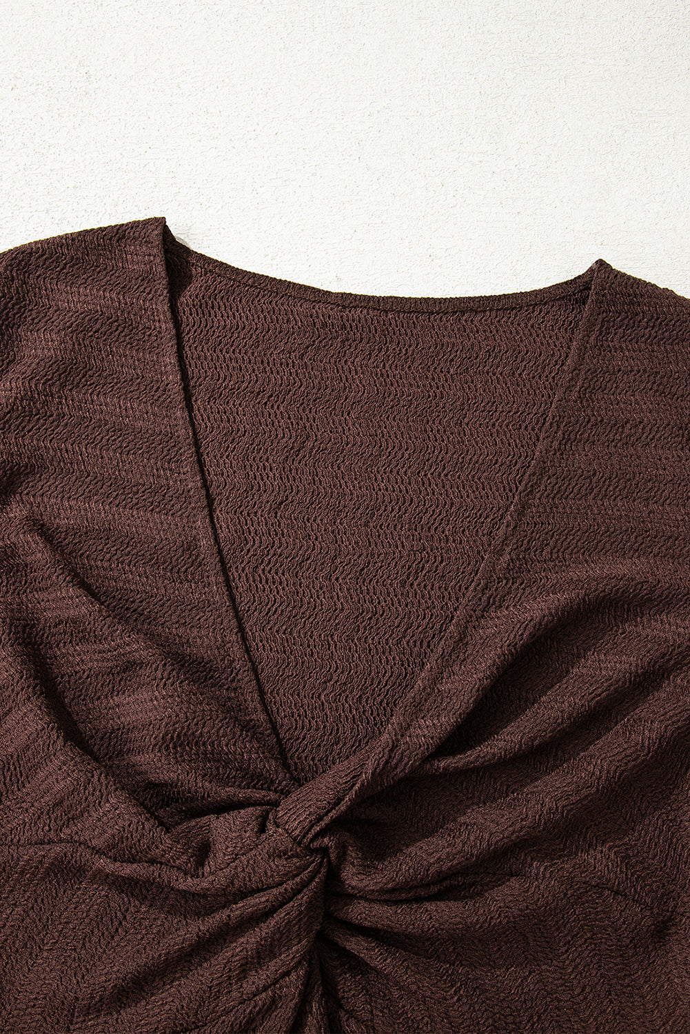Moonlight Jade Textured Twist Front V Neck Long Sleeve Slim Solid Color Top