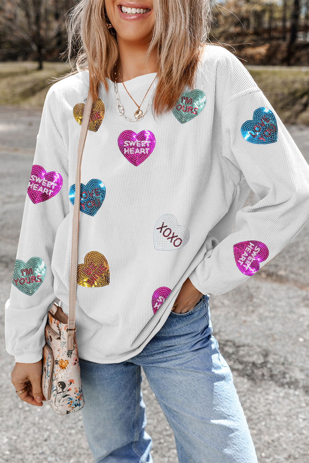 White Valentines Heart Patched Pattern Corded Pullover Sweatshirt