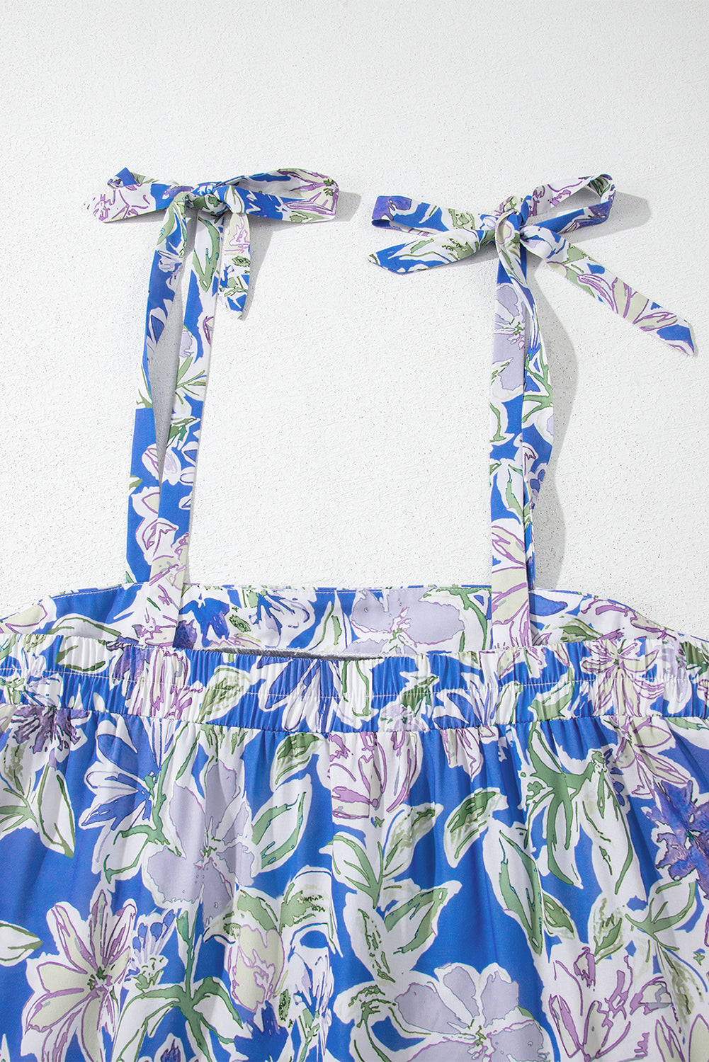 Sky Blue Floral Print Self-tie Straps Flowy Ruffle Long Dress