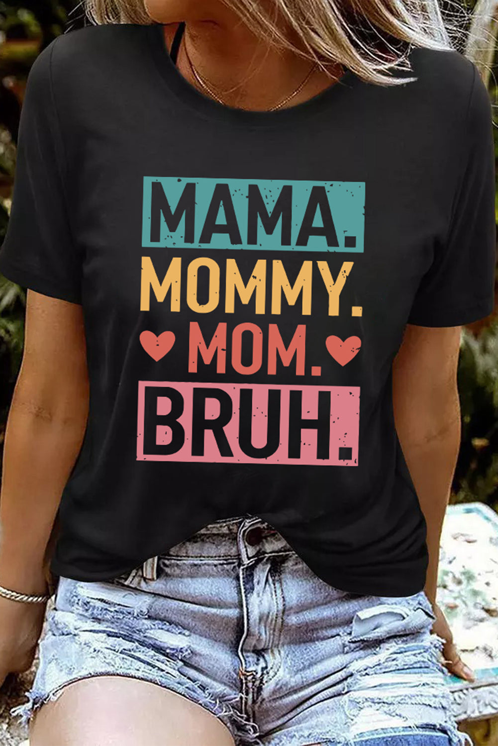 White MAMA Floral Block Graphic Casual T Shirt