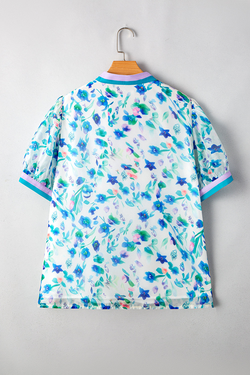 Green Floral Print Striped Trim Split V Neck Puff Short Sleeve Blouse