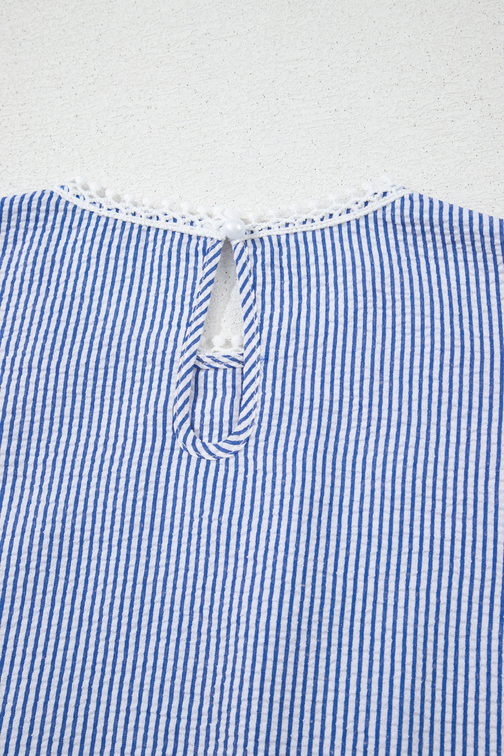 Sky Blue Stripe Floral Lace Splicing Puff Sleeve Blouse
