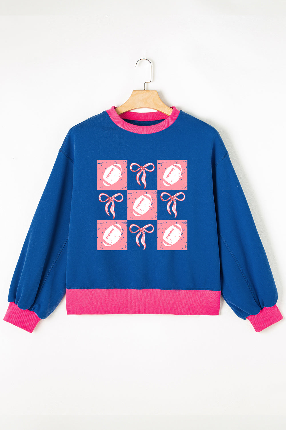 Blue Rugby Bowknot Graphic Game Day Contrast Trim Drop Shoulder Casual Sweatshirt