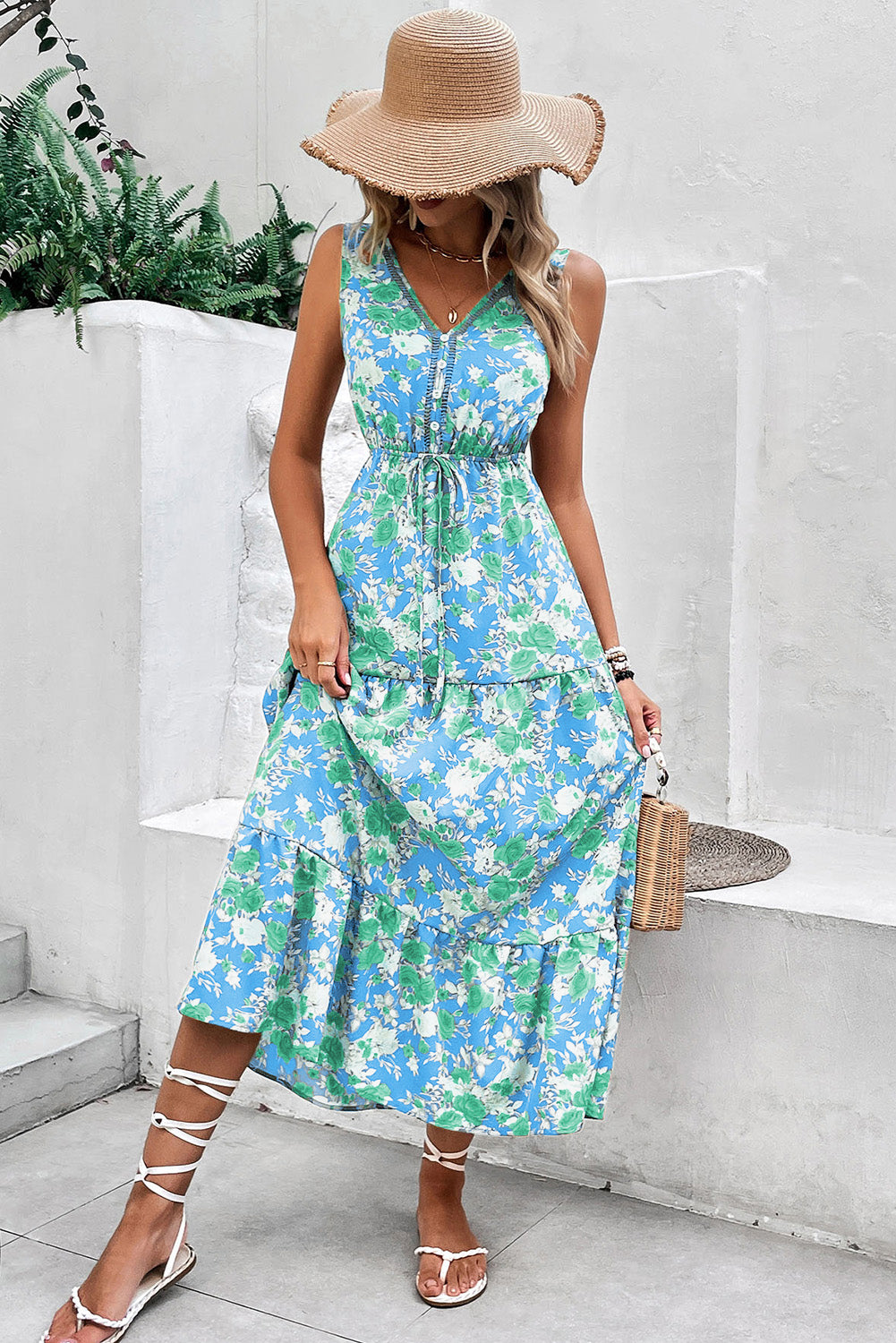 Green Floral Print Trimmed V Neck Tie Waist Sleeveless Holiday Long Dress