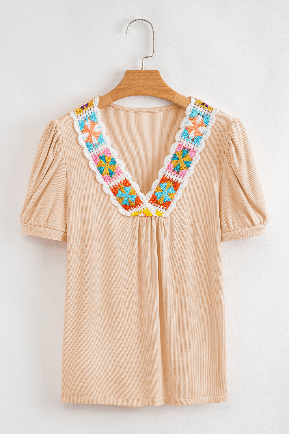 Pale Chestnut Crochet Floral V Neck Textured Short Sleeve Blouse