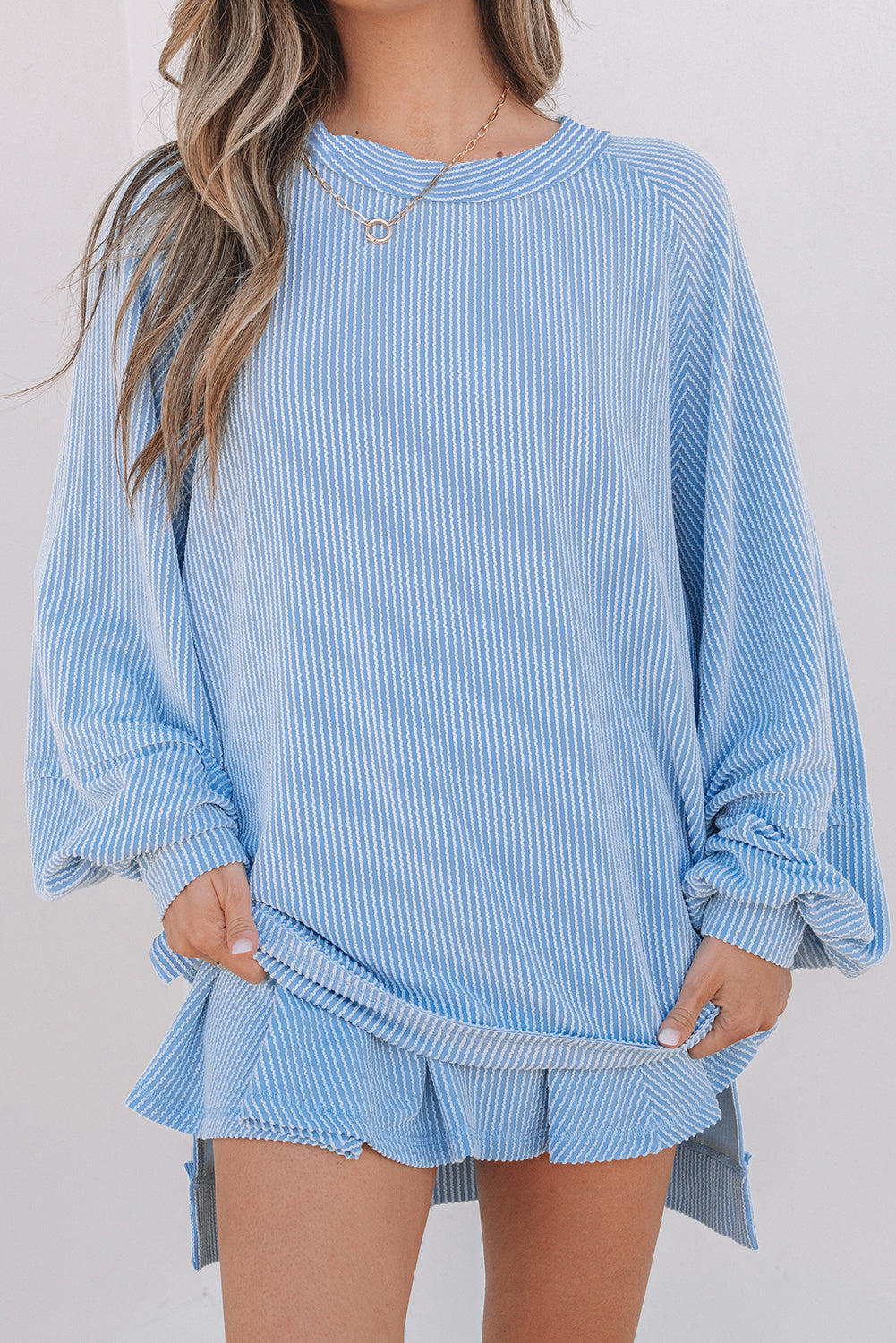 Jet Stream Corded Lantern Sleeve Top High Waist Ruffled Mini Skort Set