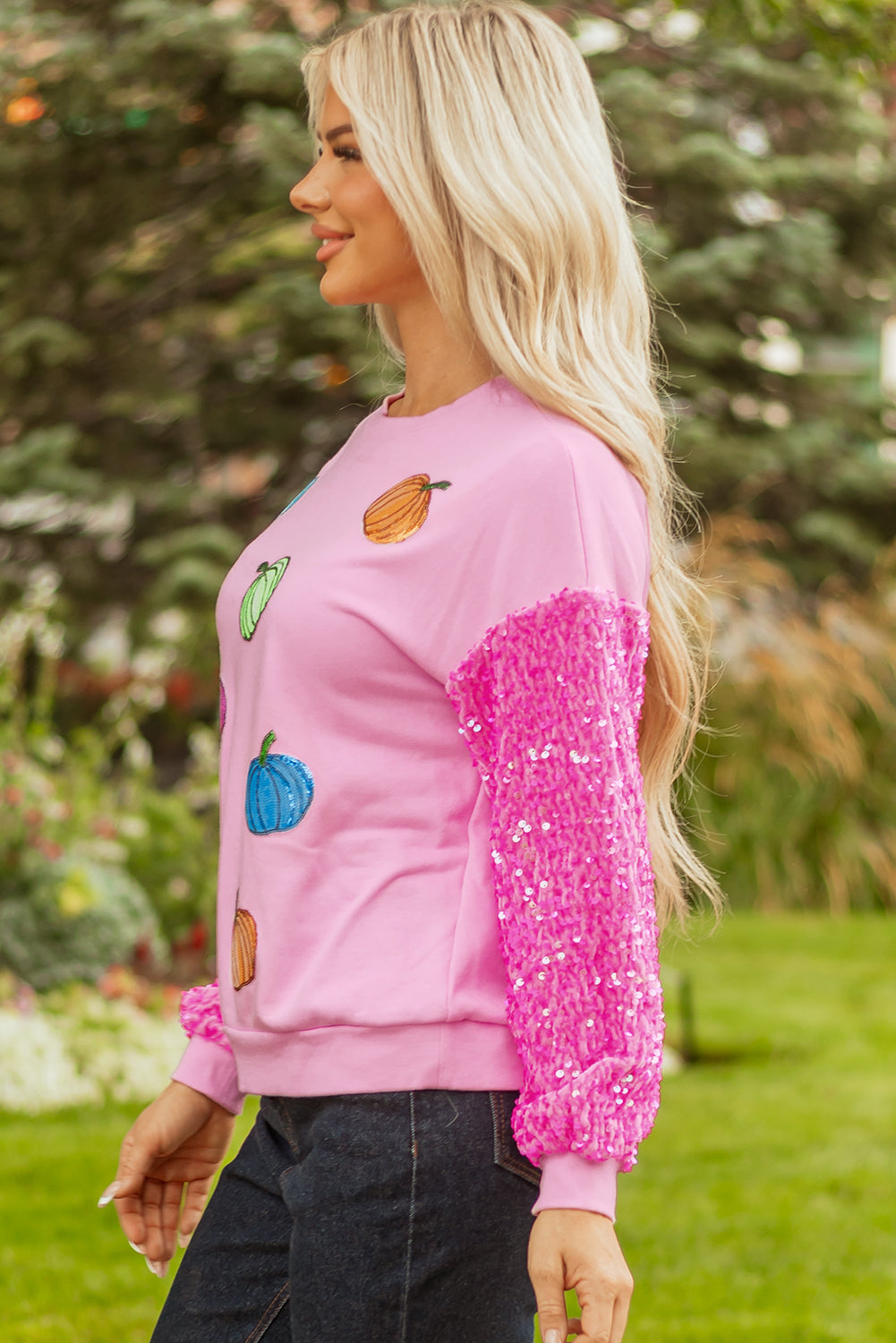 White Colorful Pumpkin Sequin Patched Drop Shoulder Sweatshirt