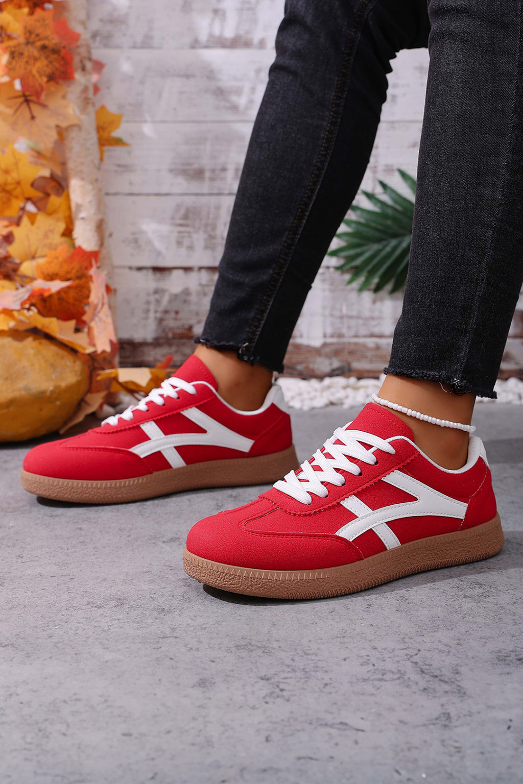 Coffee Faux Suede Contrast Patchwork Detail Lace Up Flat Sneakers