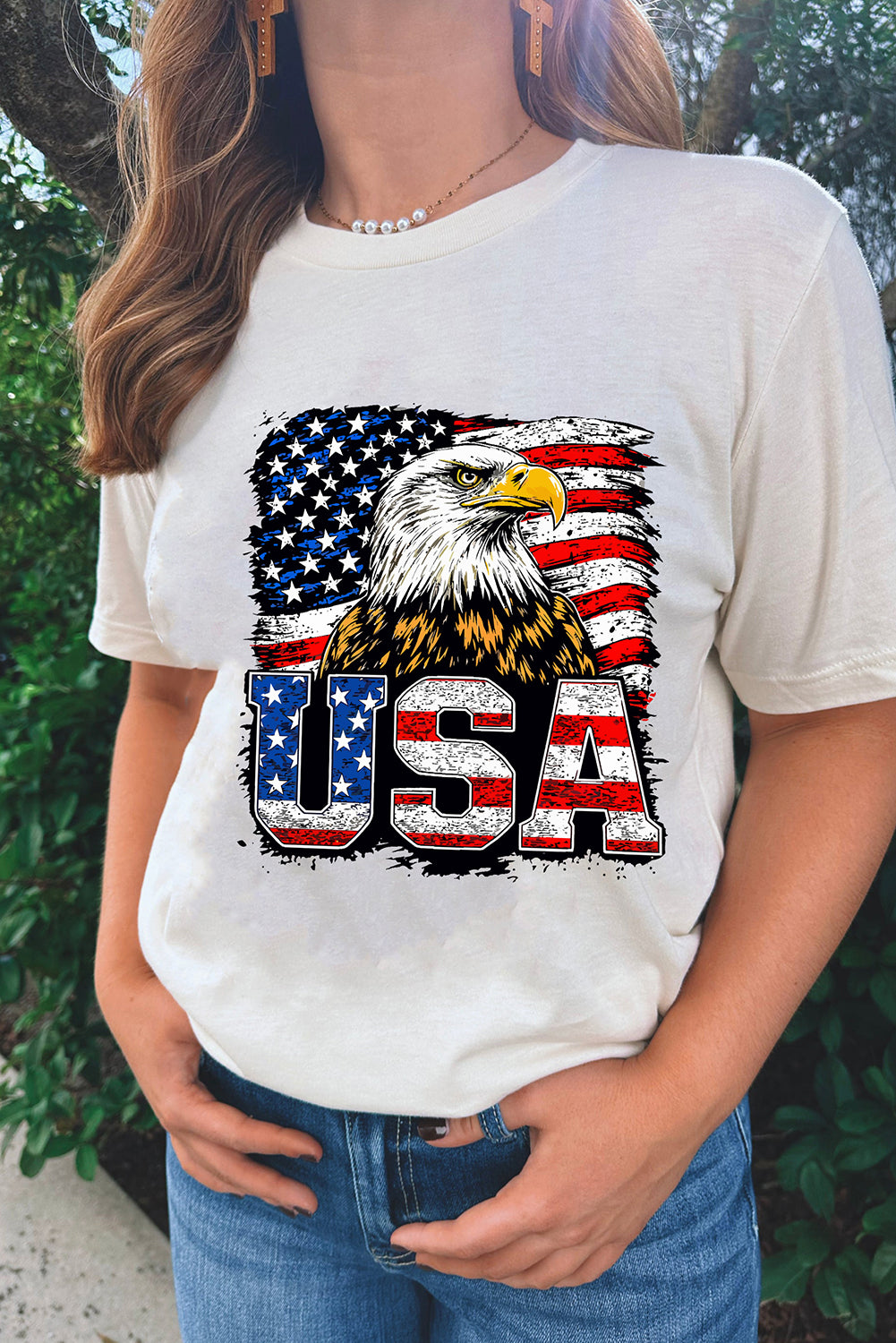 White USA Flag Eagle Graphic 4th July T Shirt