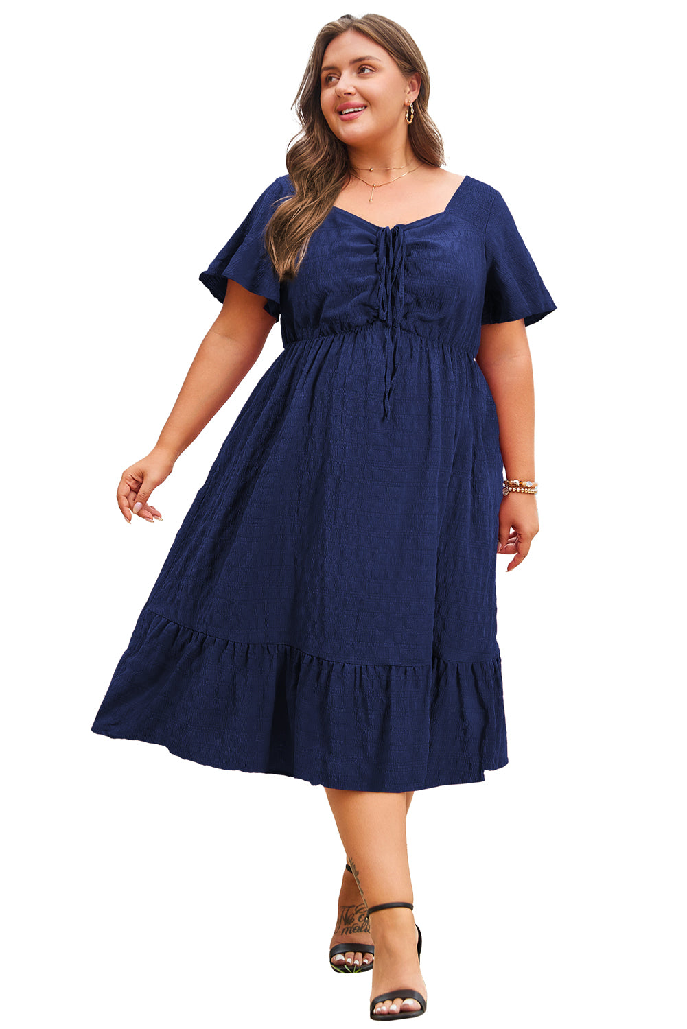 Red Plus Size Short Sleeve Lace-up High Waist Midi Dress