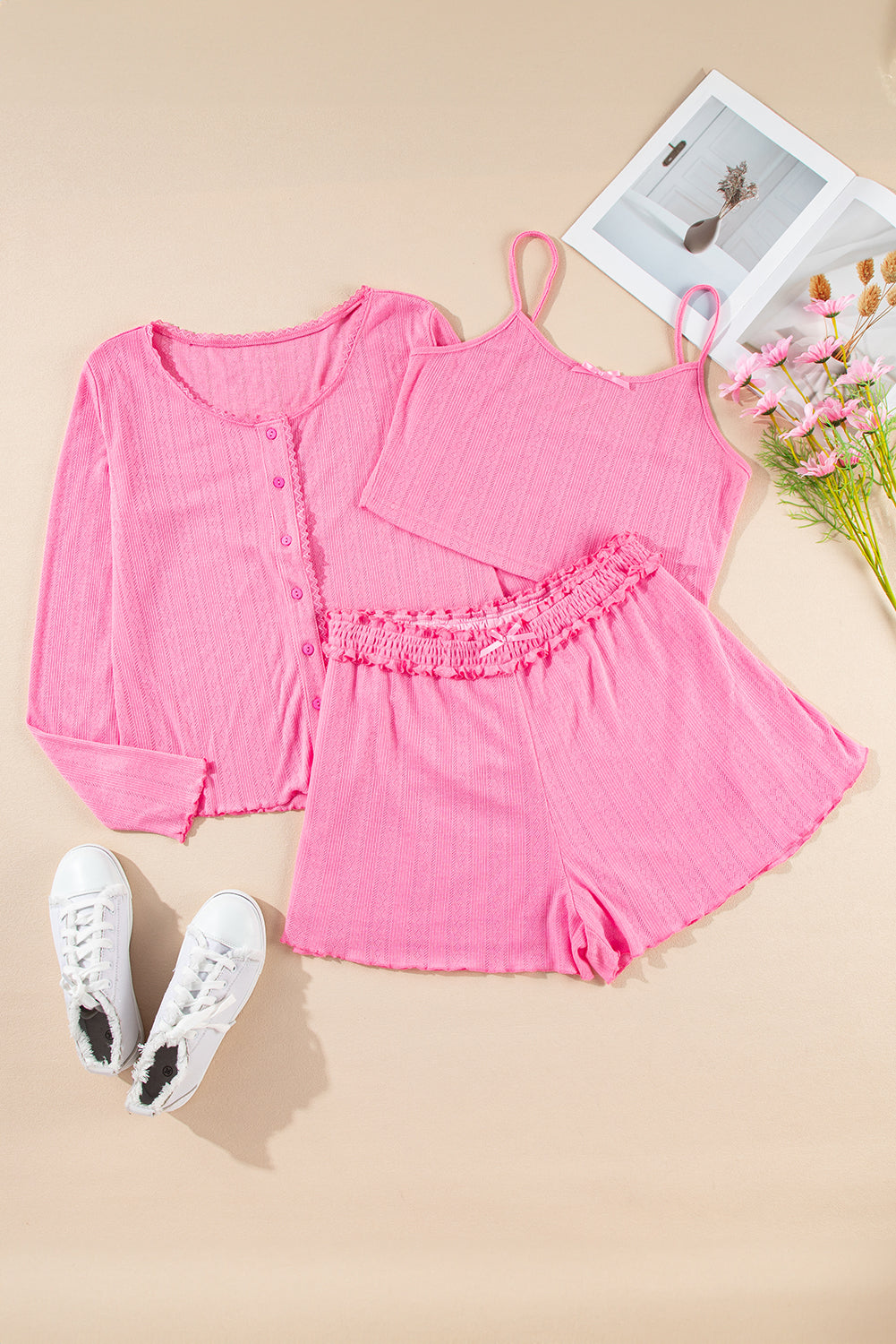 Black 3 Pcs Crop Tank Top Shorts with Cardigan Lounge Set