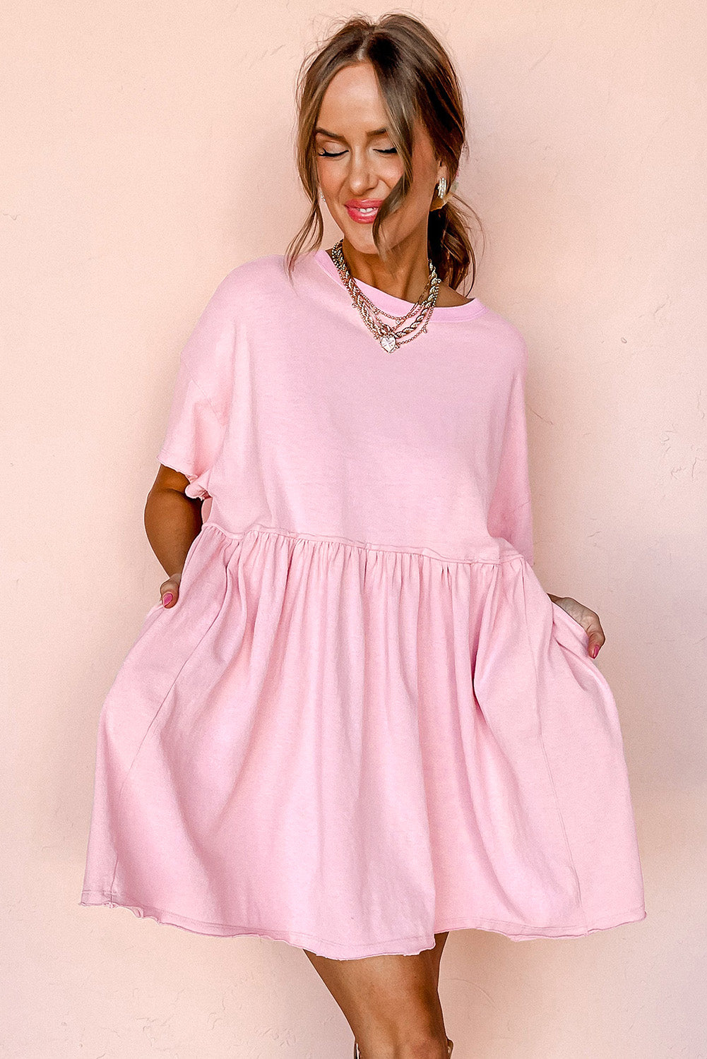 Sky Blue Solid Color Pocketed Raw Edge Babydoll Dress
