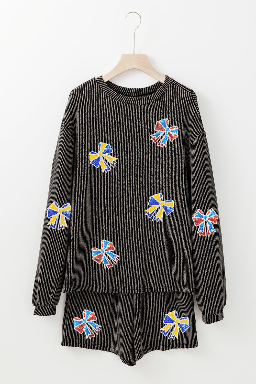 Carbon Grey Colorful Sequin Bow Patched Long Sleeve Top and Shorts Twisted Rib 2pcs Outfit
