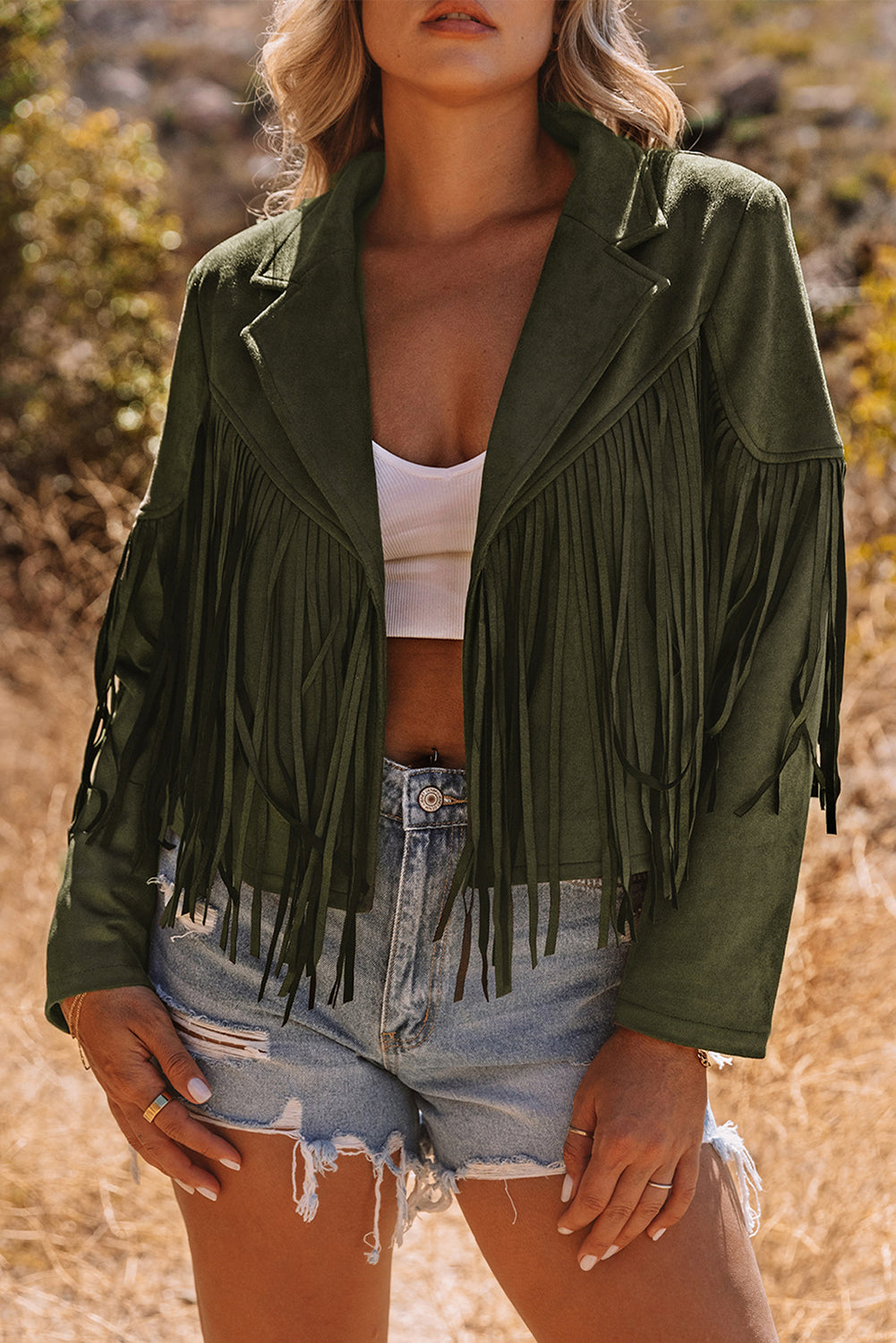 Gray Cropped Fringe Faux Suede Jacket