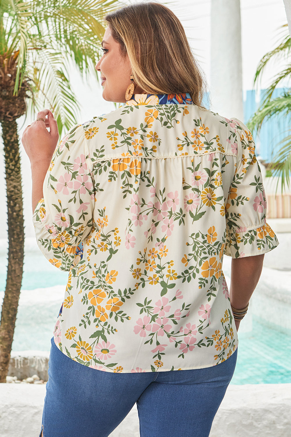 Multicolour Crochet V Neck Half Sleeve Boho Floral Blouse