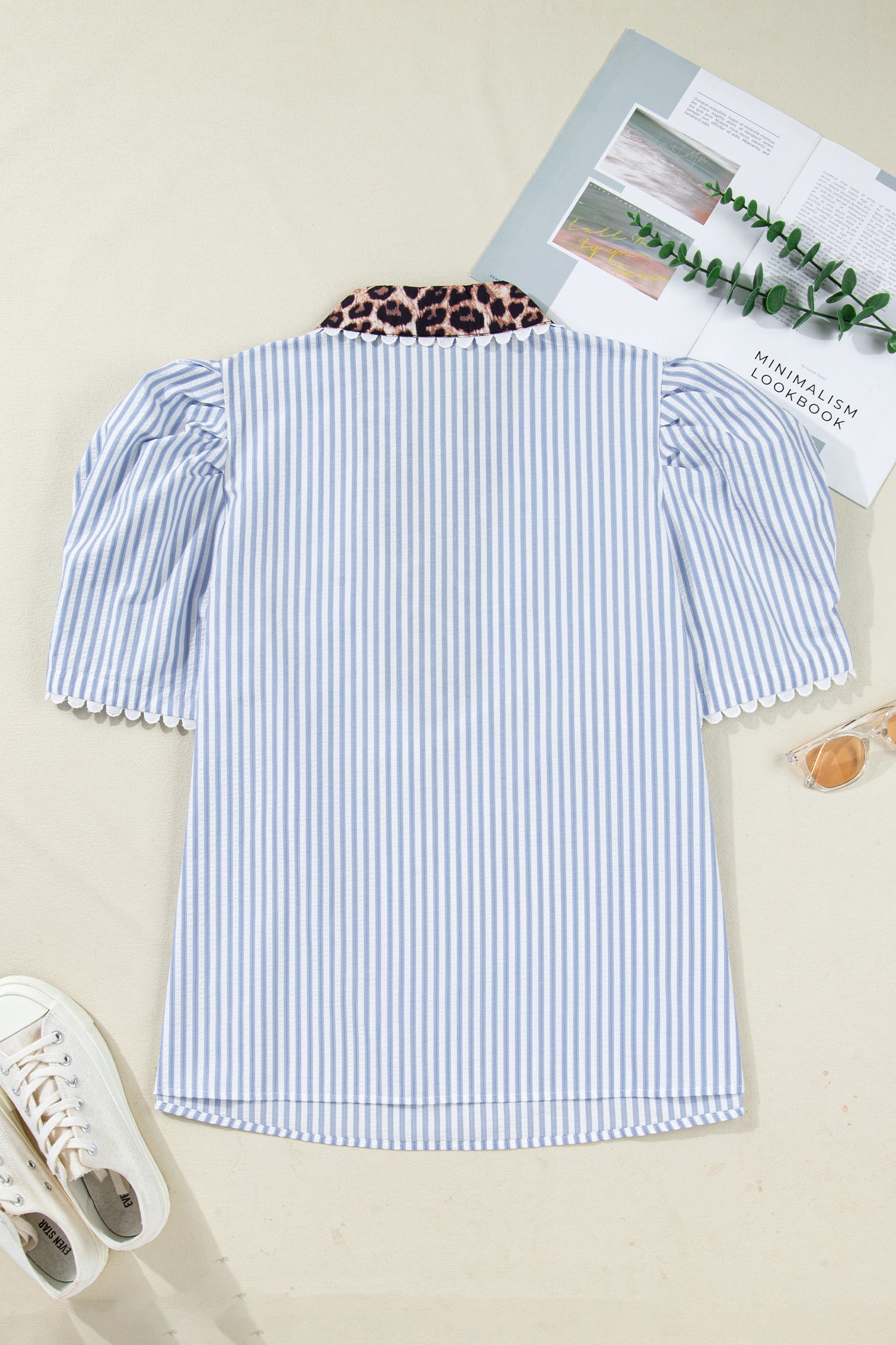 Sky Blue Stripe Plus Size Leopard Patchwork Collar Short Bubble Sleeve Blouse