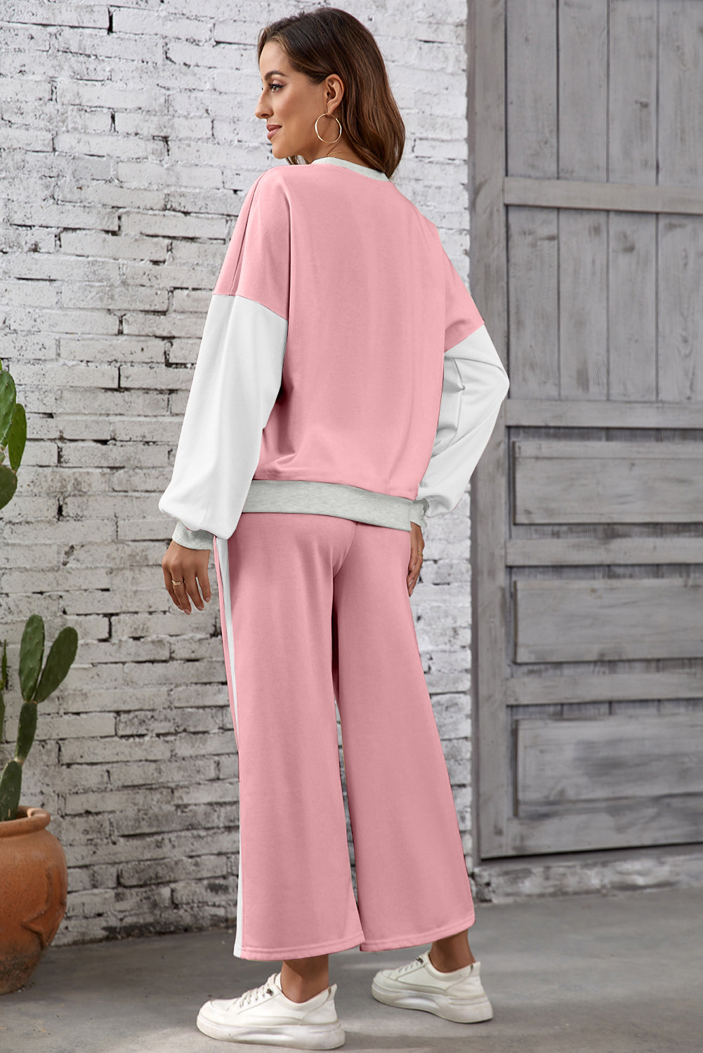Apricot 2pcs Color Block Pullover Loose Pant Set