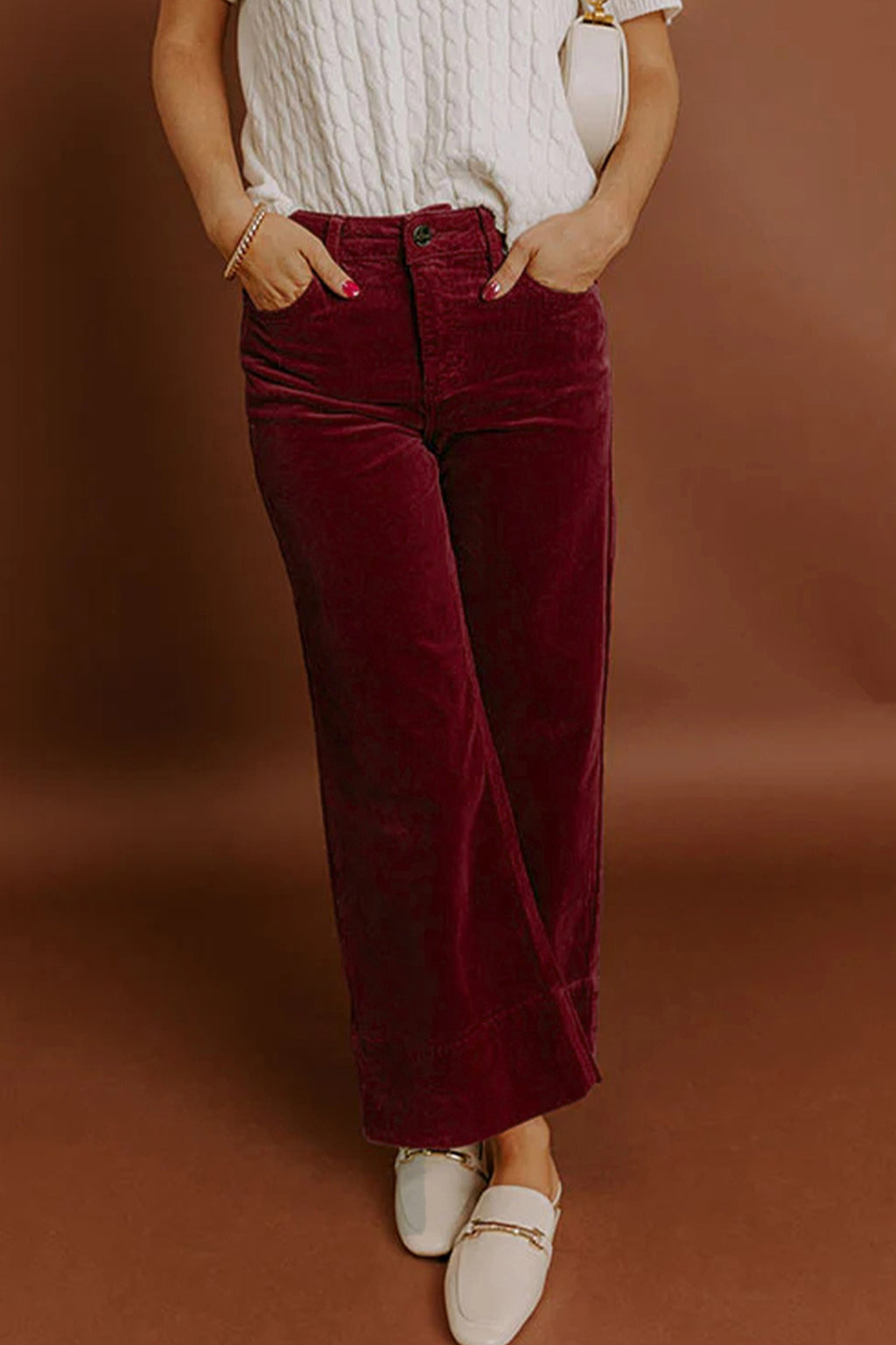 Vineyard Green Corduroy Solid Color High Waist Wide Leg Pants