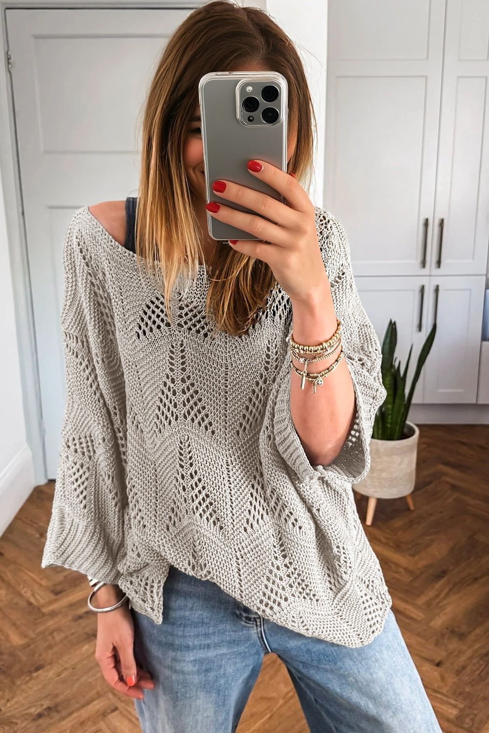 Navy Blue Hollow Out Knit 7/8 Sleeve Casual Sweater